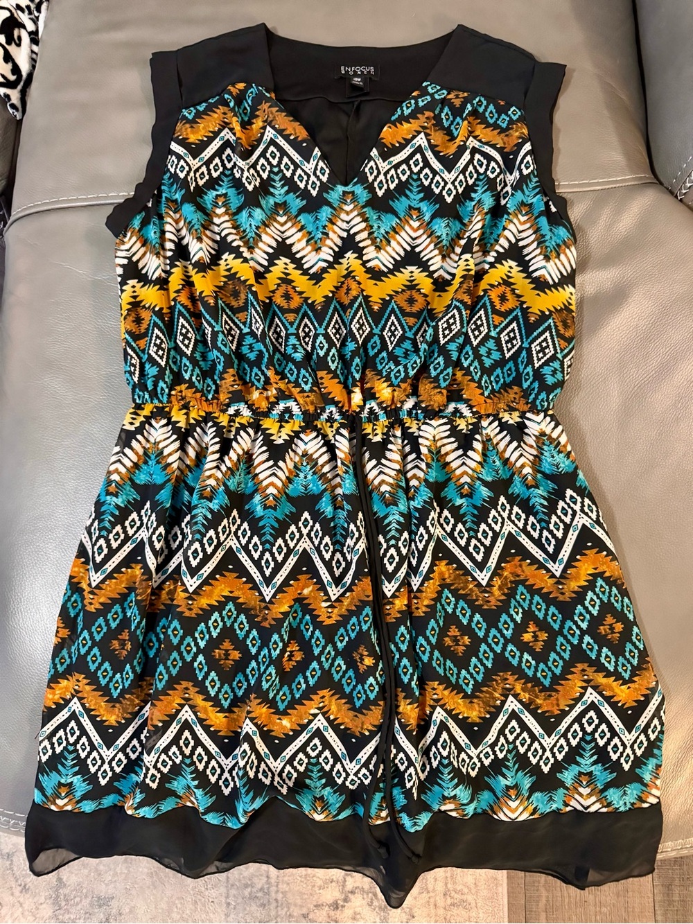 Enfocus Studio Aztec Print Sleeveless Dress - Teal, Mustard & Black